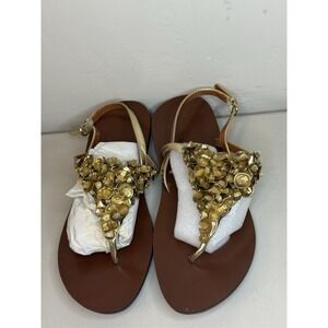 B. Makowsky Gia Gold Metallic Jeweled T-Strap Flat Sandals‎ Size 8M New Leather